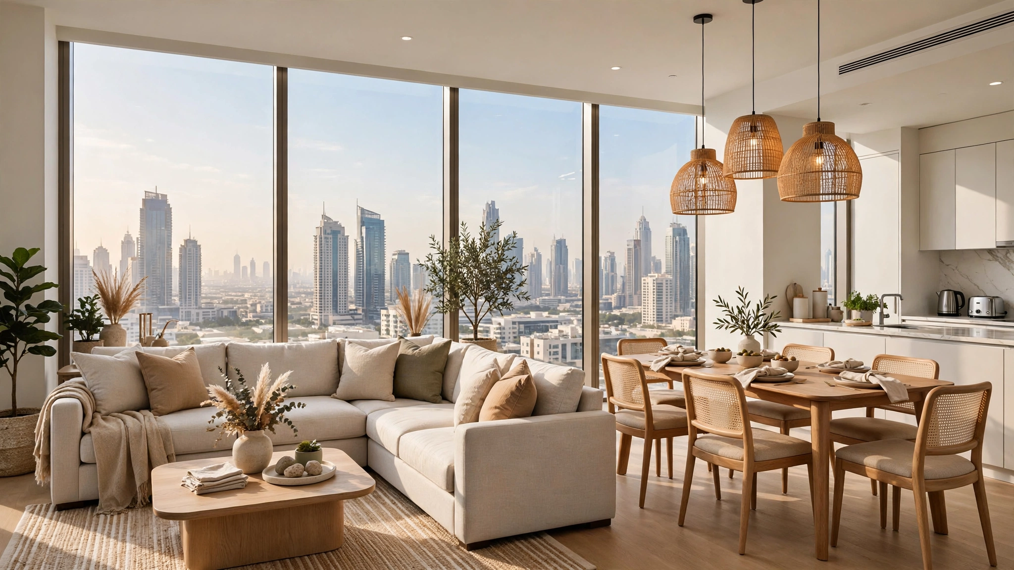 Bright three bedroom serviced apartment open-plan living and dining area in Dubai