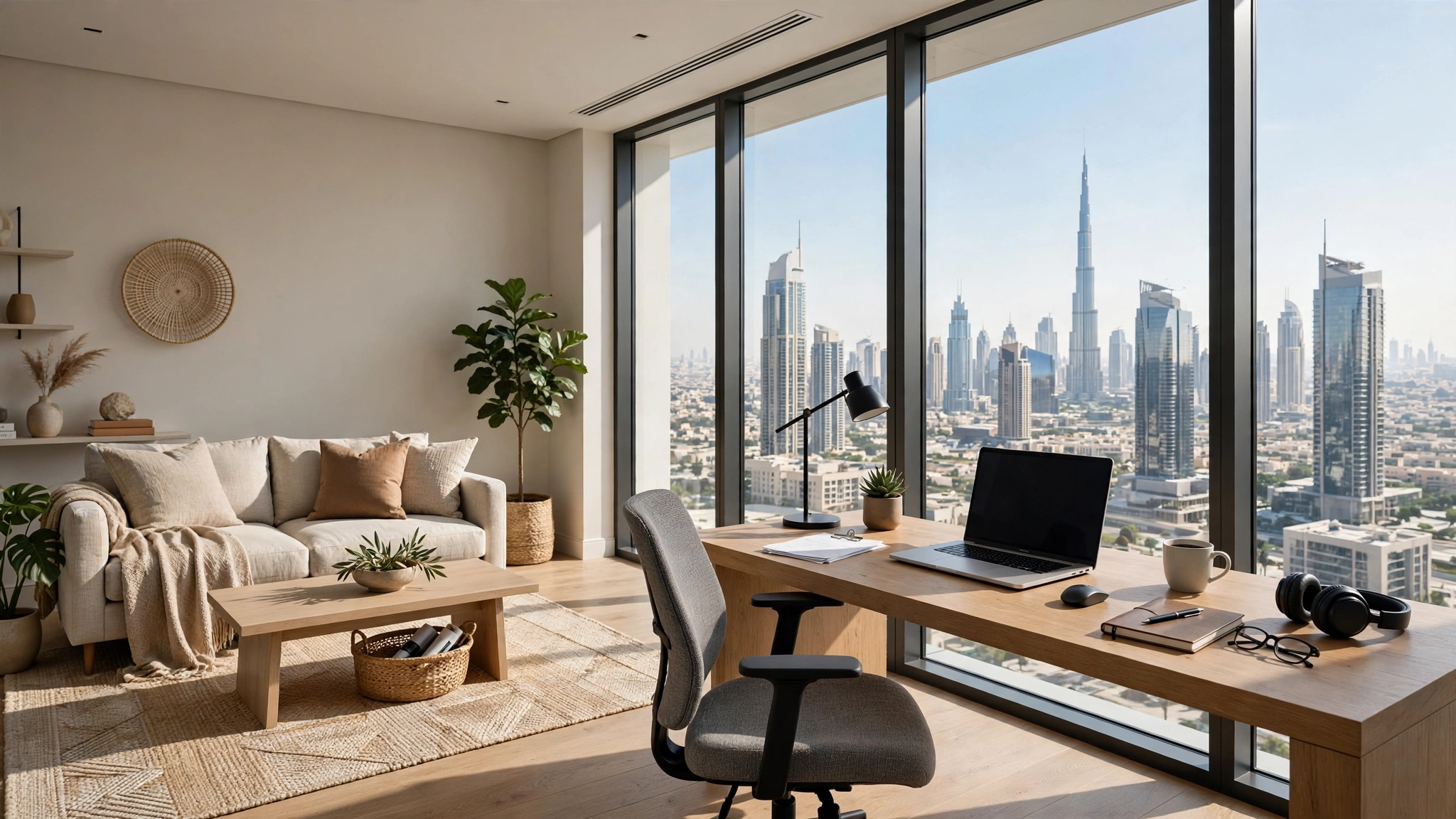 Apartment living room in Dubai set up for remote work with skyline view