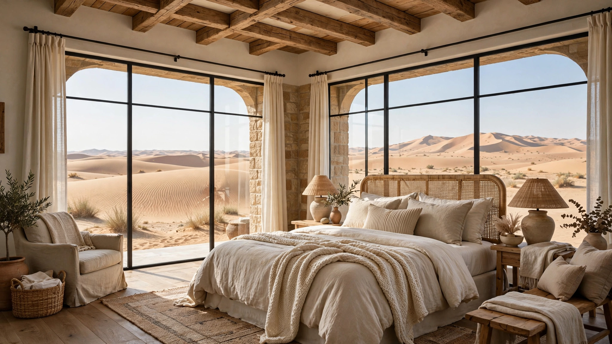 Luxury farmhouse bedroom interior in Dubai with desert views