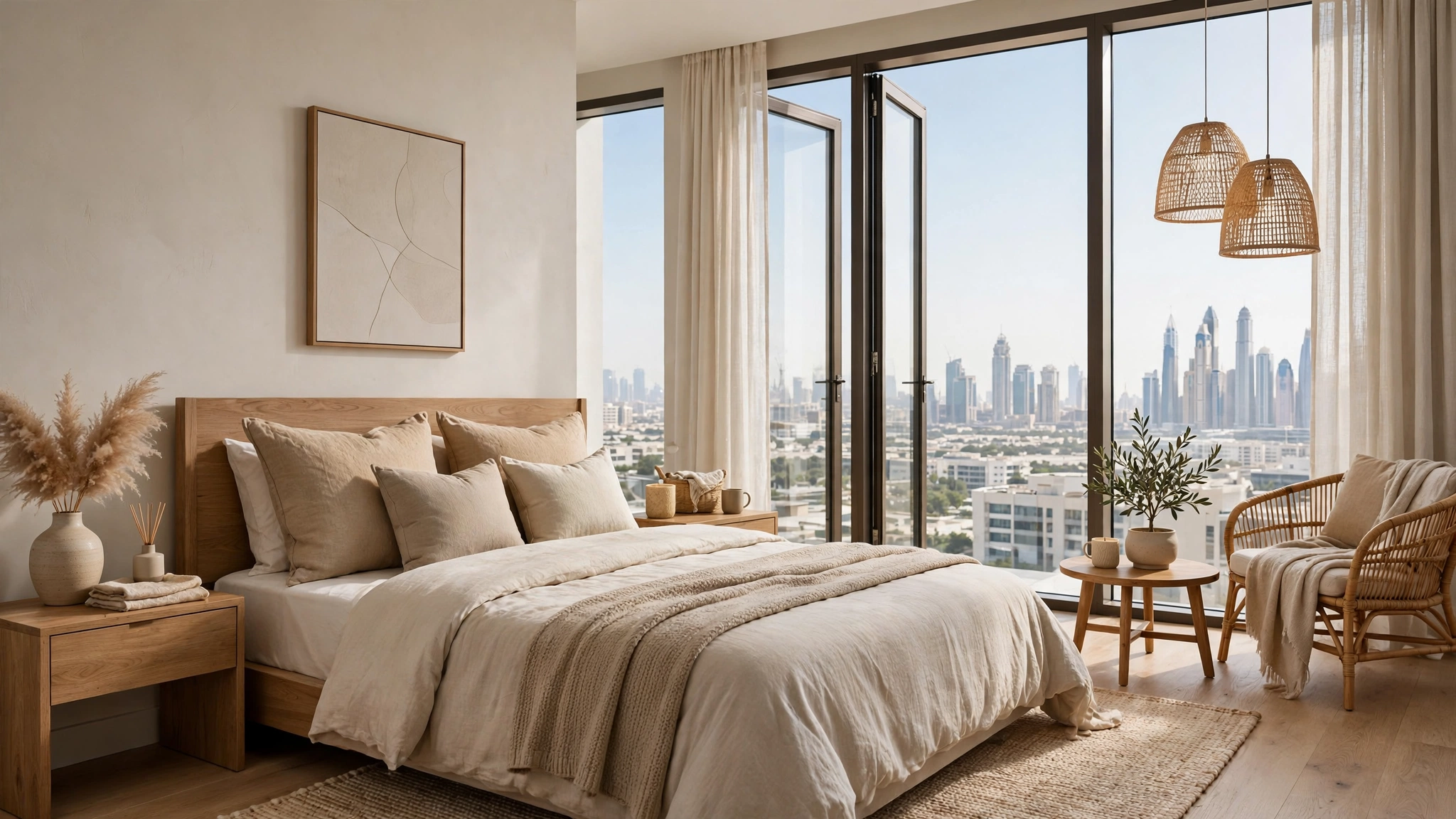 Cosy modern apartment bedroom in Dubai for short term rent with bright windows