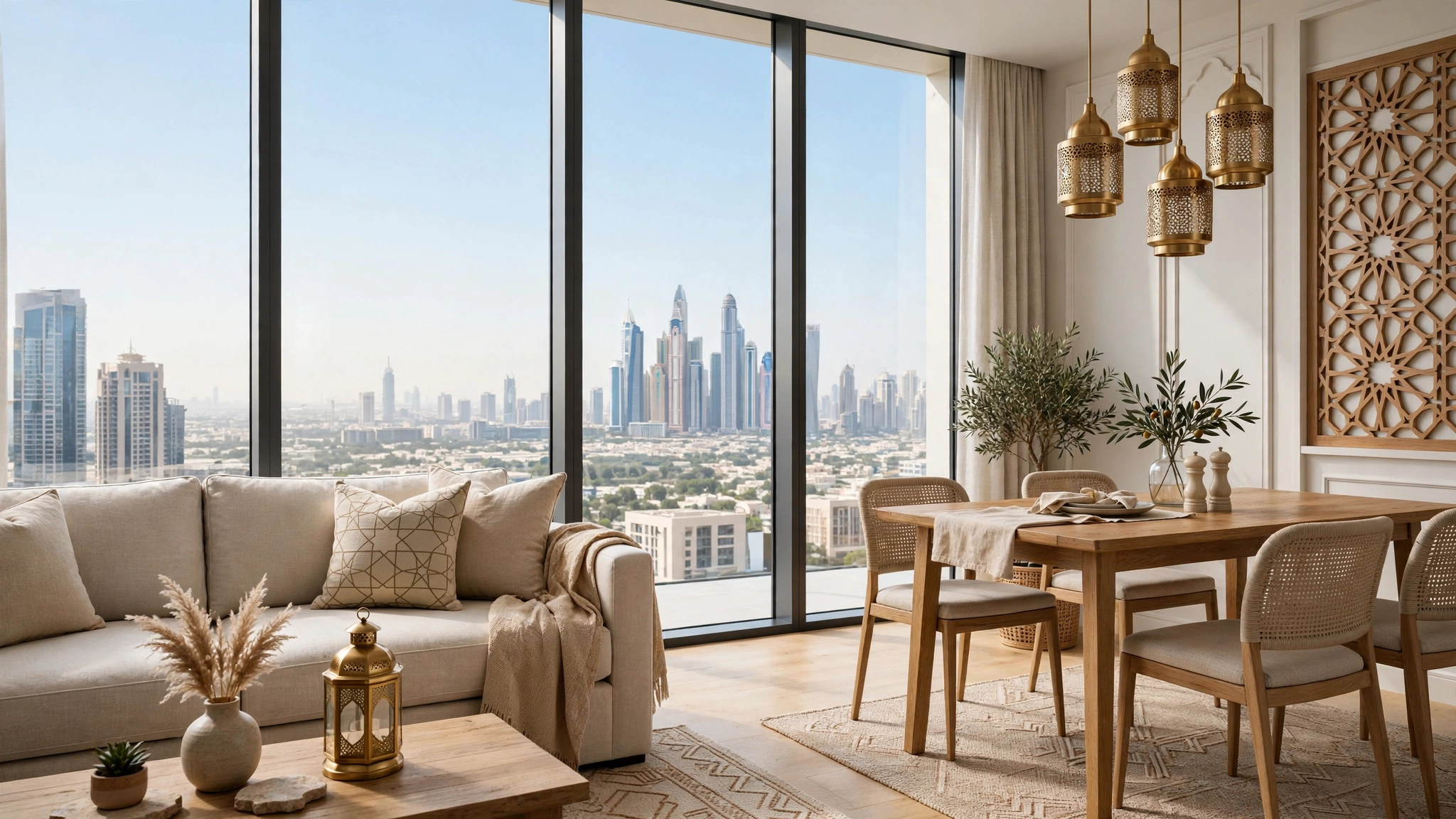 Bright serviced apartment living room in Dubai with city view