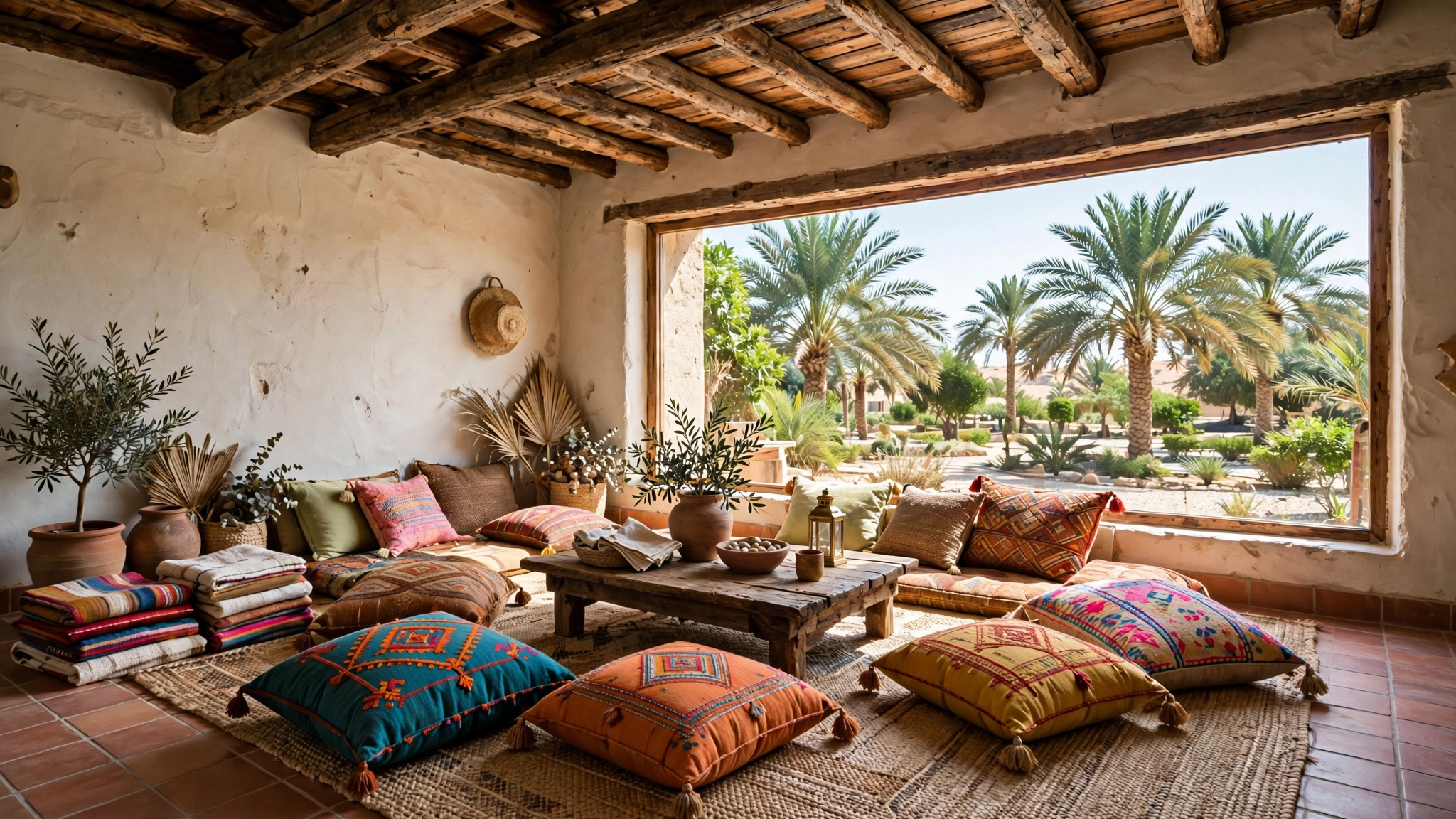 Rustic farmhouse living room with wooden beams and palm garden view in Abu Dhabi