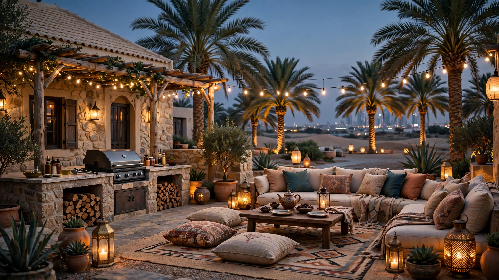 Farmhouse outdoor BBQ and seating area in Dubai with palm trees