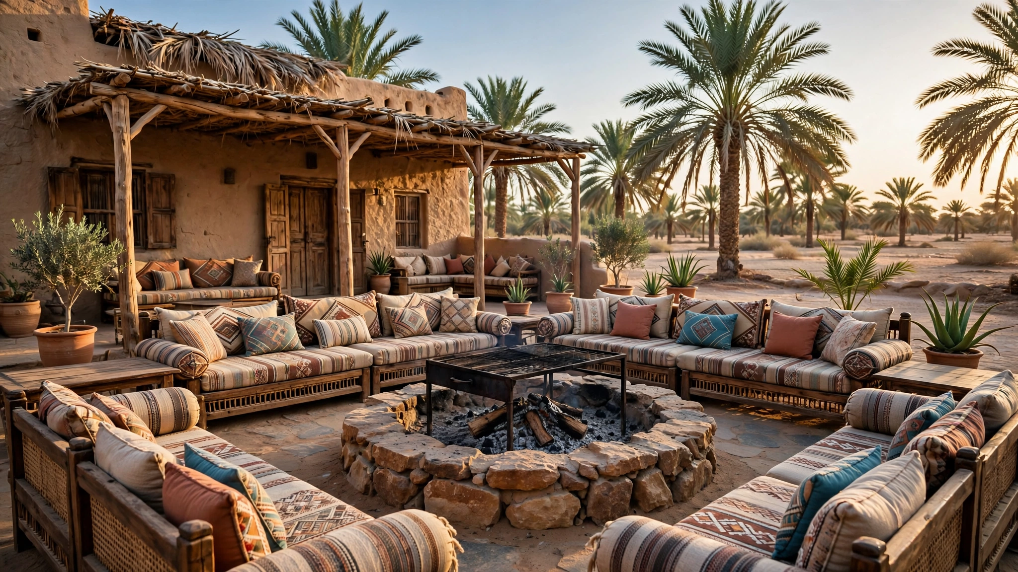 Stone barbecue pit with majlis seating at a Sharjah farmhouse in the afternoon