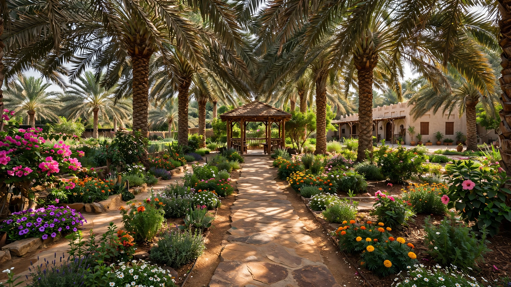 Shaded garden pathway with palm trees and gazebo at an Ajman farmhouse