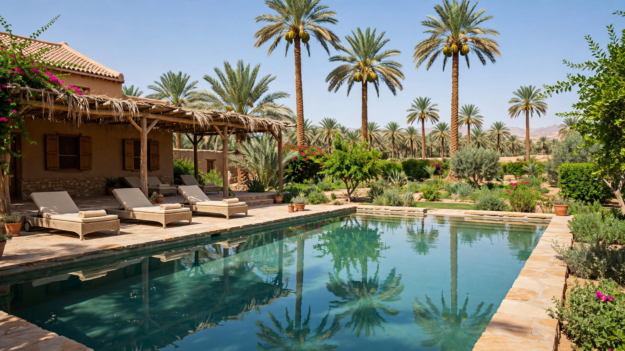 Turquoise farmhouse pool in Al Ain reflecting date palms at midday