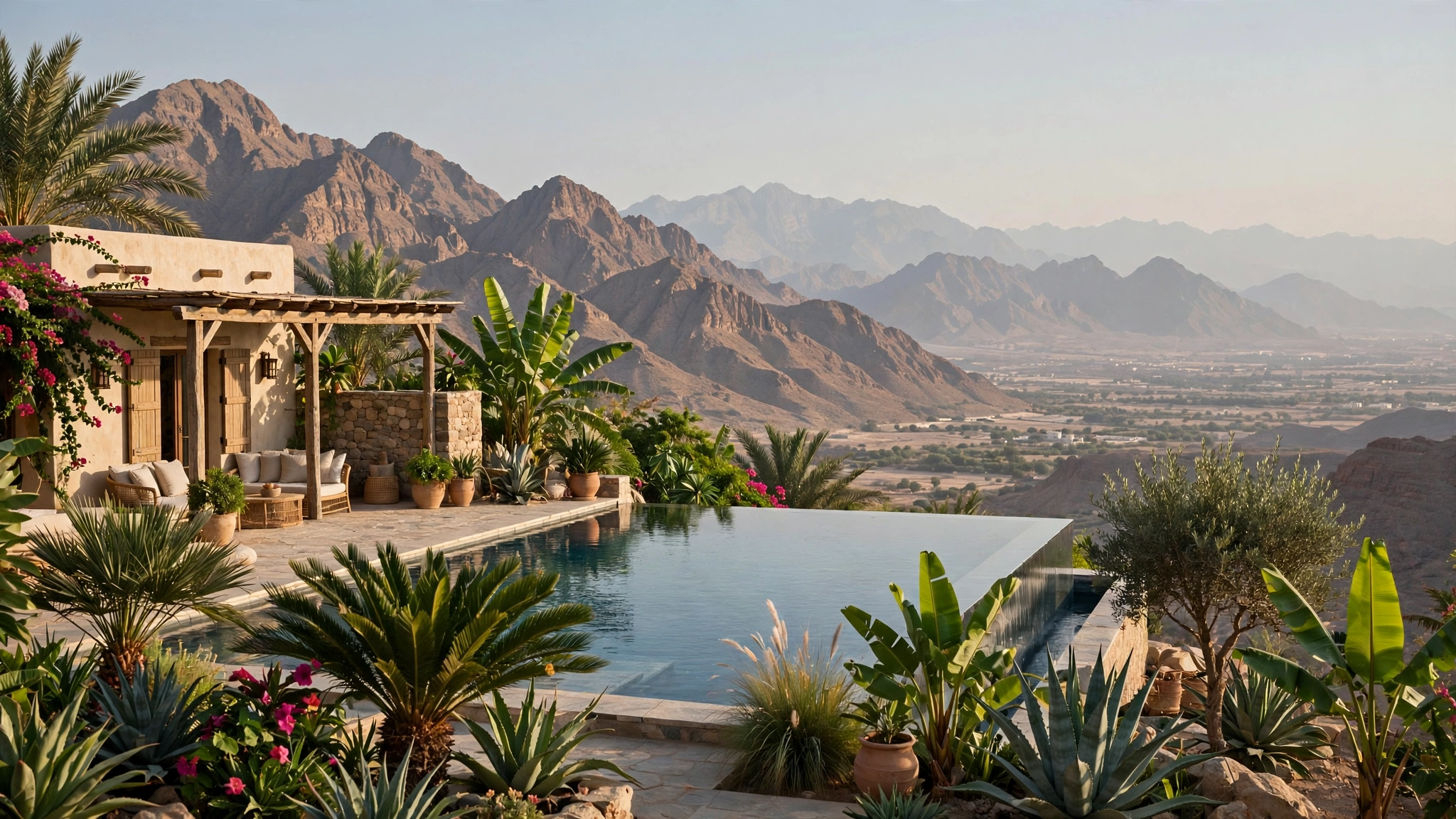 Infinity-edge farmhouse pool in Fujairah with Hajar mountain backdrop