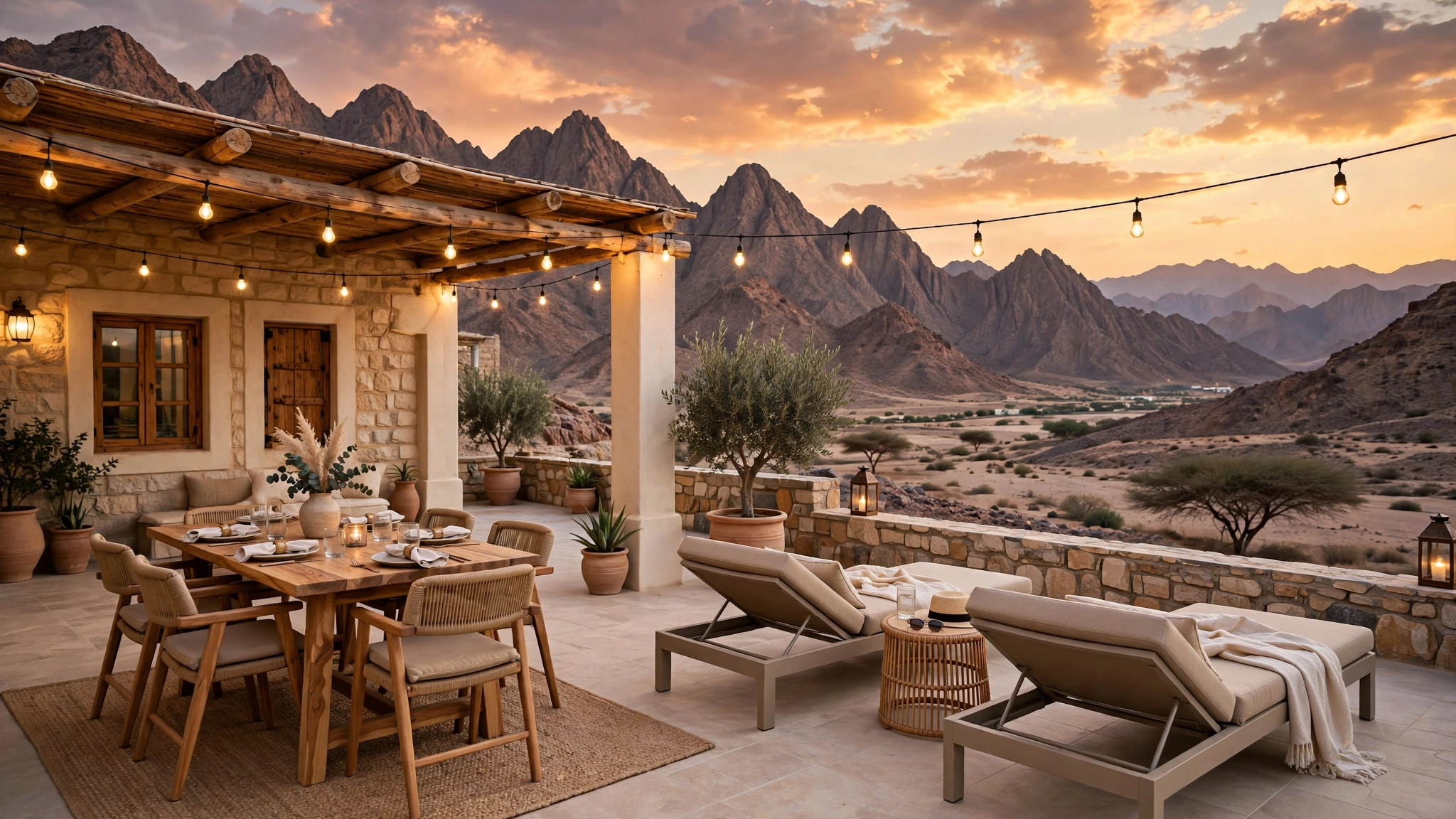 Farmhouse terrace in Ras Al Khaimah with dining set facing mountains at sunset