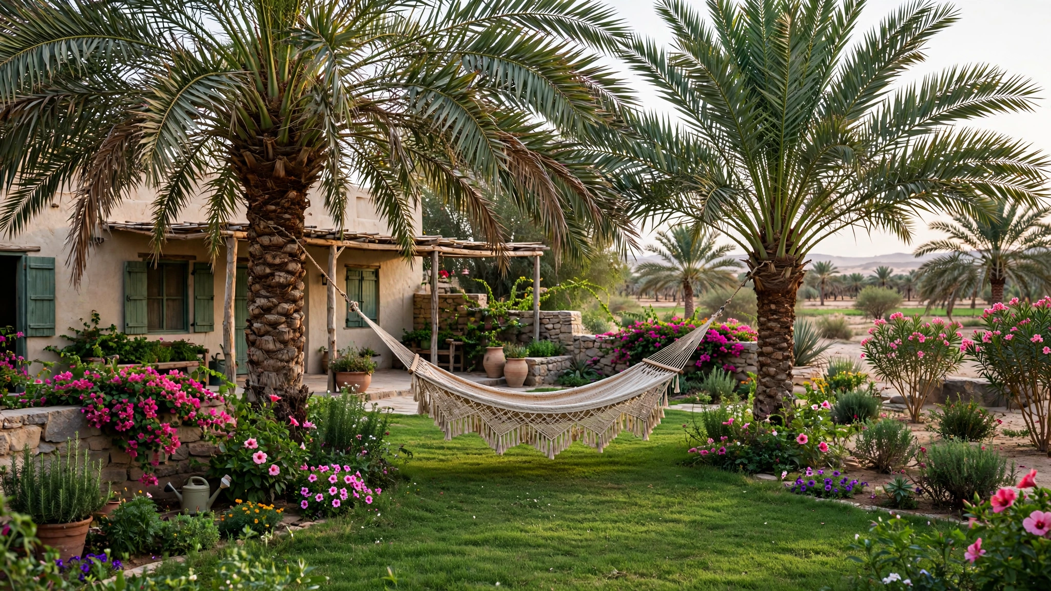 Hammock between palm trees in a peaceful Umm Al Quwain farmhouse garden