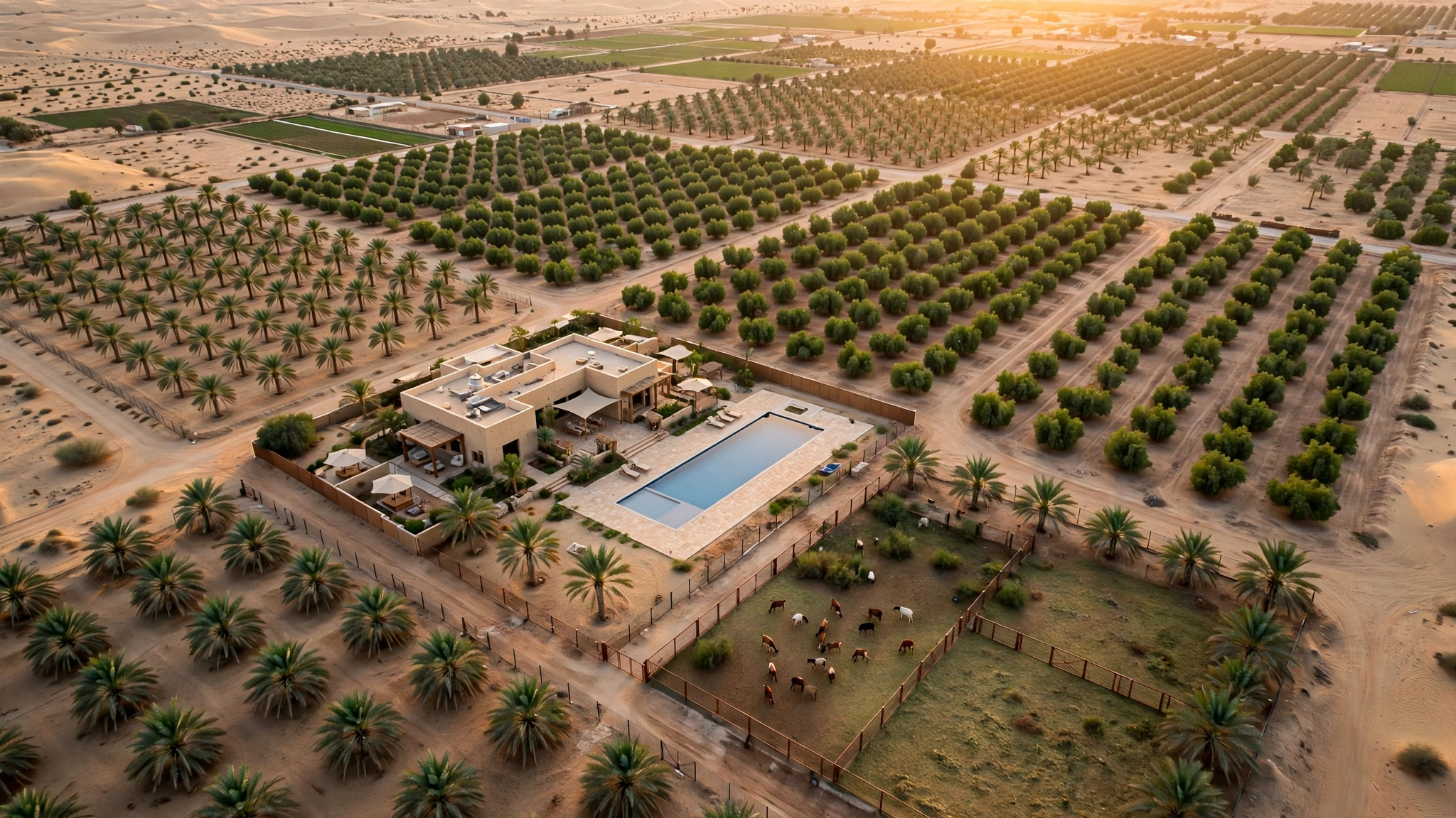 Aerial view of UAE farm property with farmhouse, palm groves and swimming pool