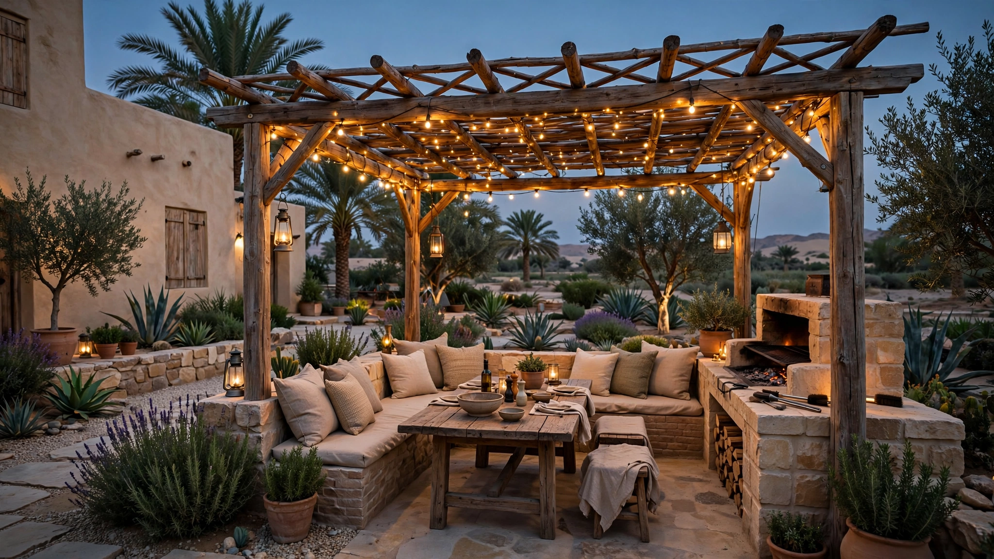 Outdoor barbecue pavilion with pergola seating at an Abu Dhabi farmhouse
