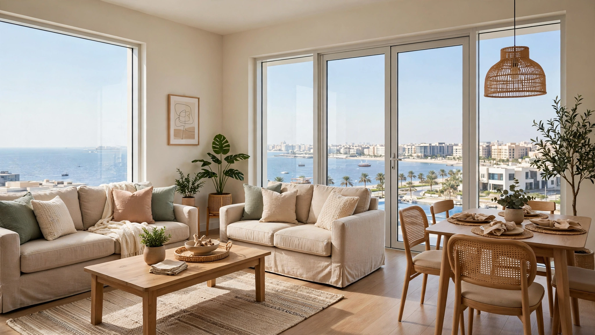 Family holiday apartment living room in Sharjah with sea view