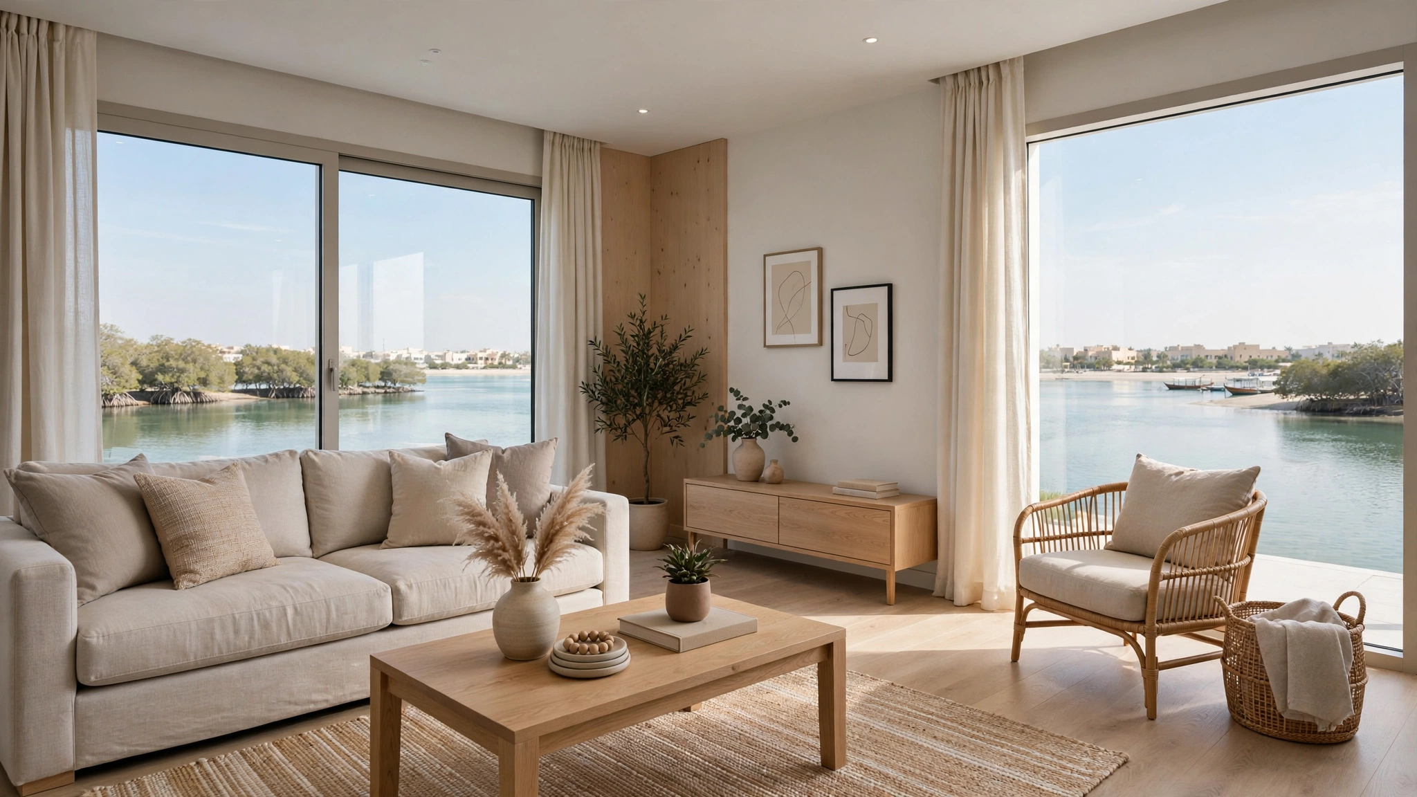 Furnished holiday apartment interior in Umm Al Quwain with waterfront view