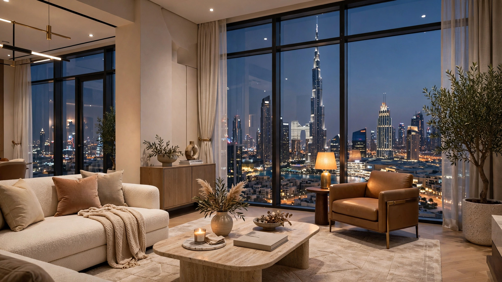 Luxury holiday apartment living room in Downtown Dubai with Burj Khalifa view at evening