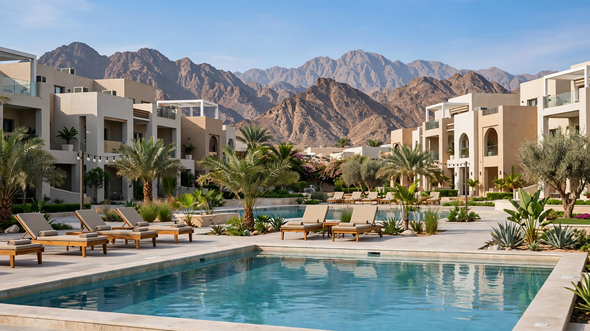 Resort-style apartment swimming pool in Ras Al Khaimah with mountains