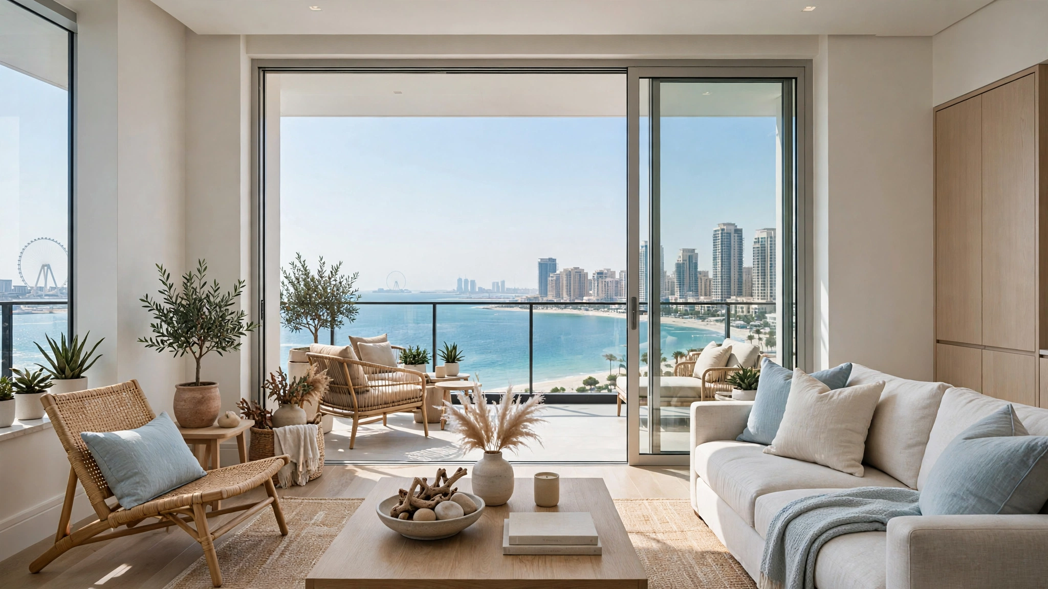 Modern apartment living room in JBR Dubai with sea view through glass doors