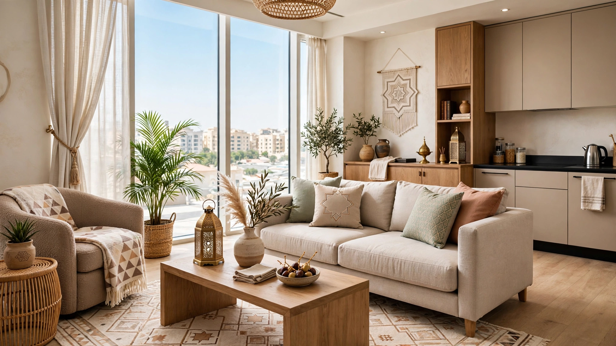 Comfortable service apartment living room in Bur Dubai with Arabic design touches