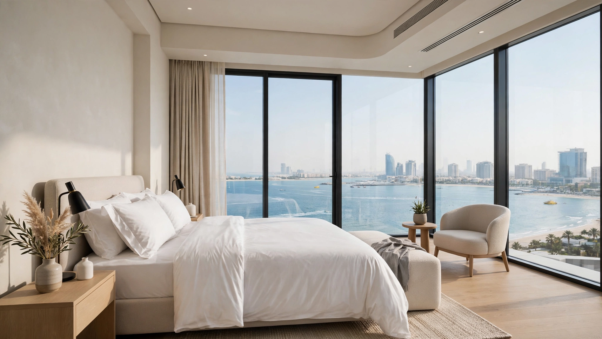 Serviced apartment bedroom in Abu Dhabi with sea view windows
