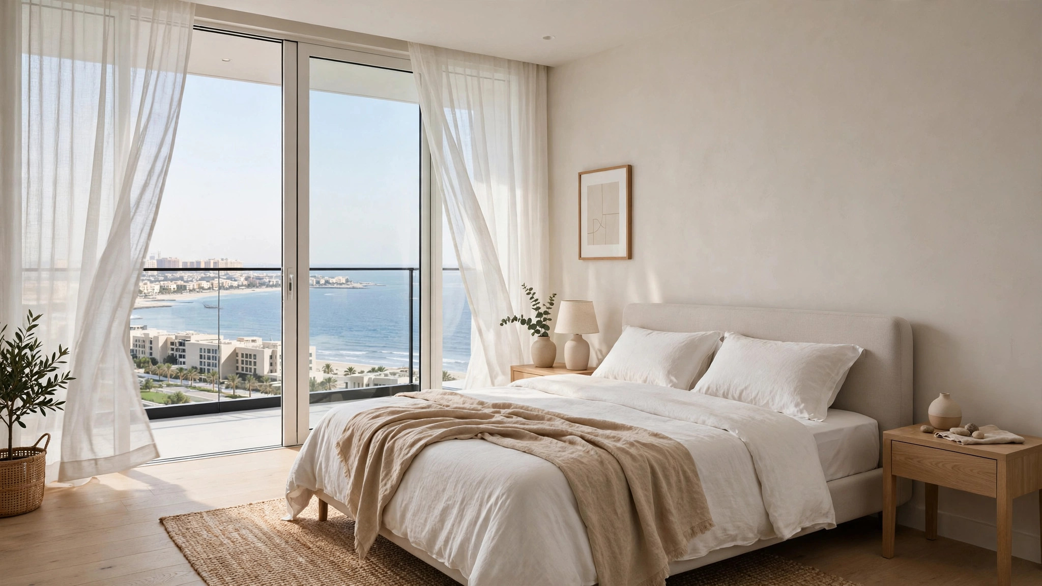 Serviced apartment bedroom in Ajman with sea view