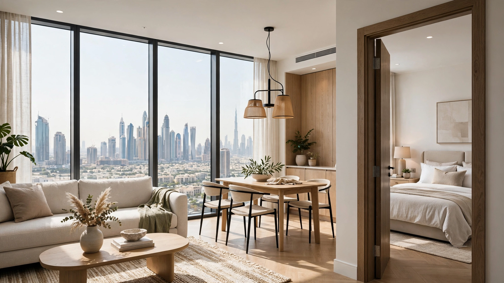 Bright serviced apartment living room in Dubai with city skyline view