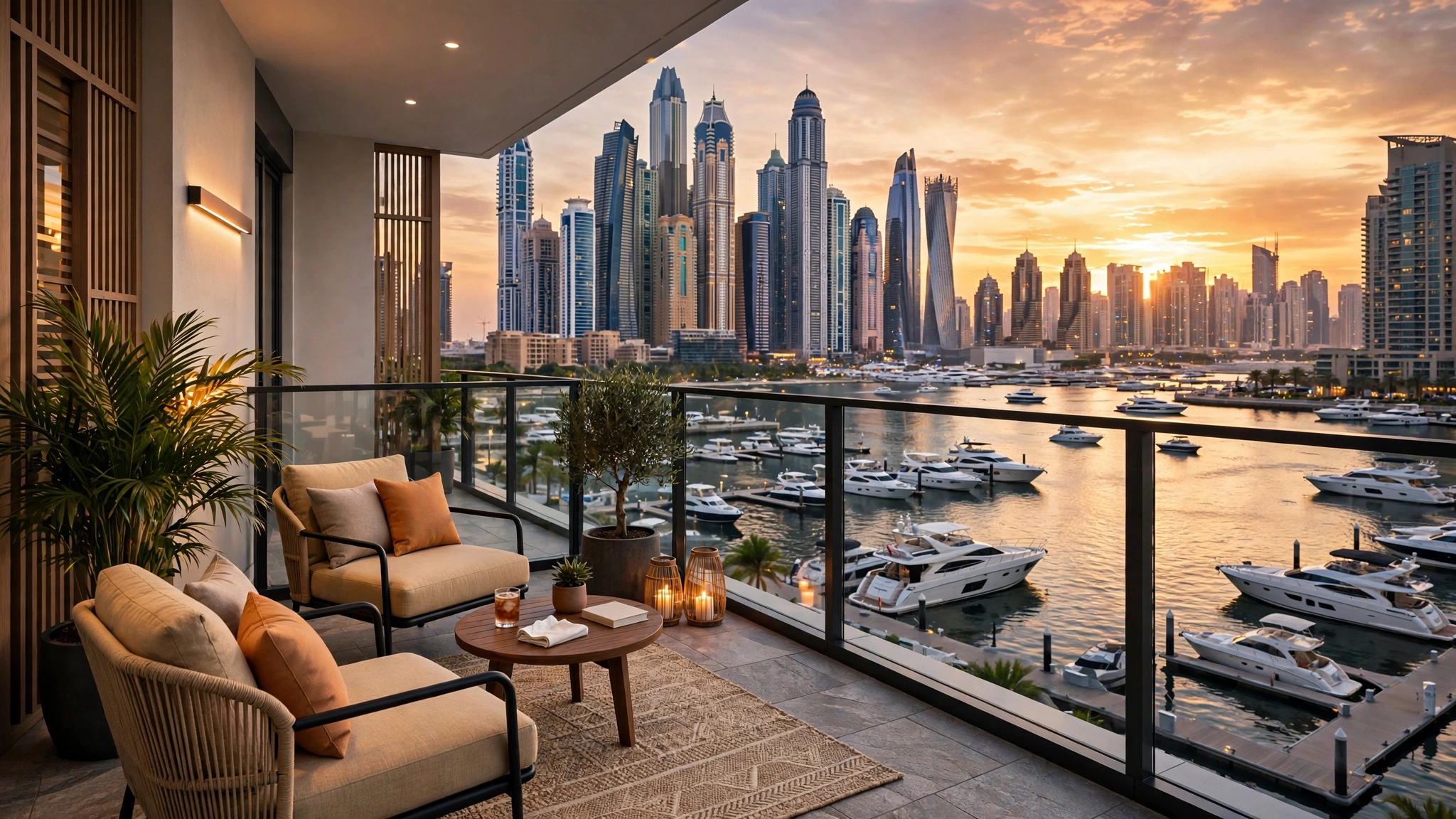 Serviced apartment balcony in Dubai Marina overlooking yachts at sunset