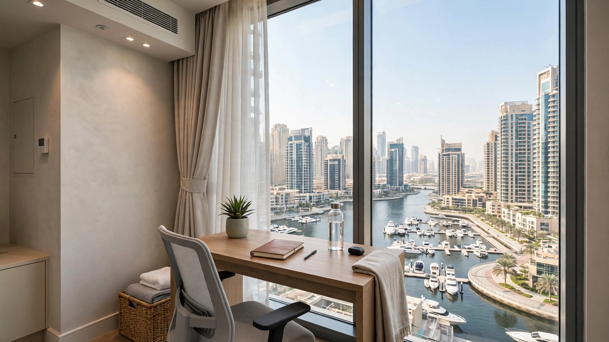 Serviced apartment home office corner in Dubai Marina with marina view