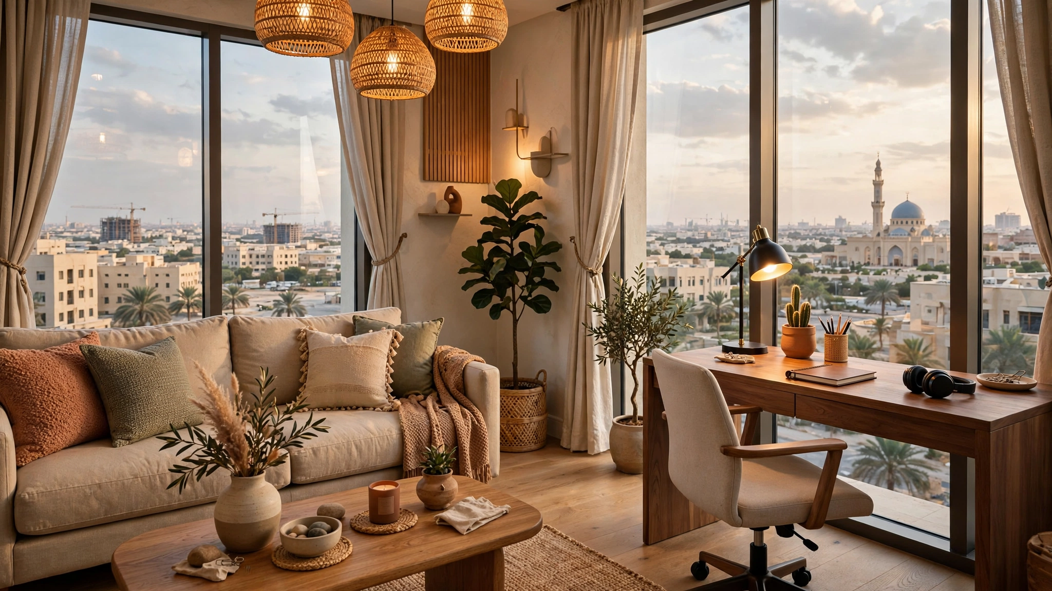 Comfortable serviced apartment lounge in Sharjah with work desk