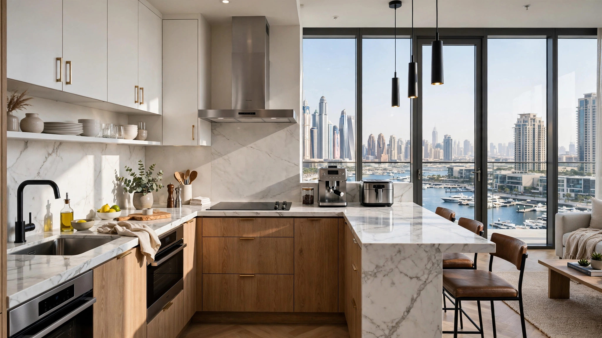 Fully furnished short stay apartment kitchen in Dubai Marina with city view