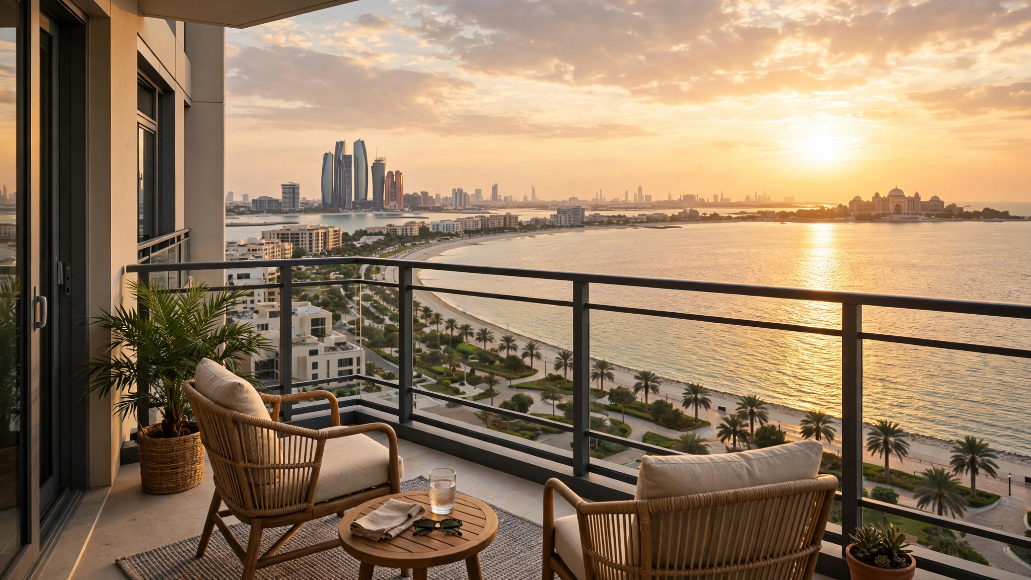 Apartment balcony overlooking Abu Dhabi Corniche sea at sunset