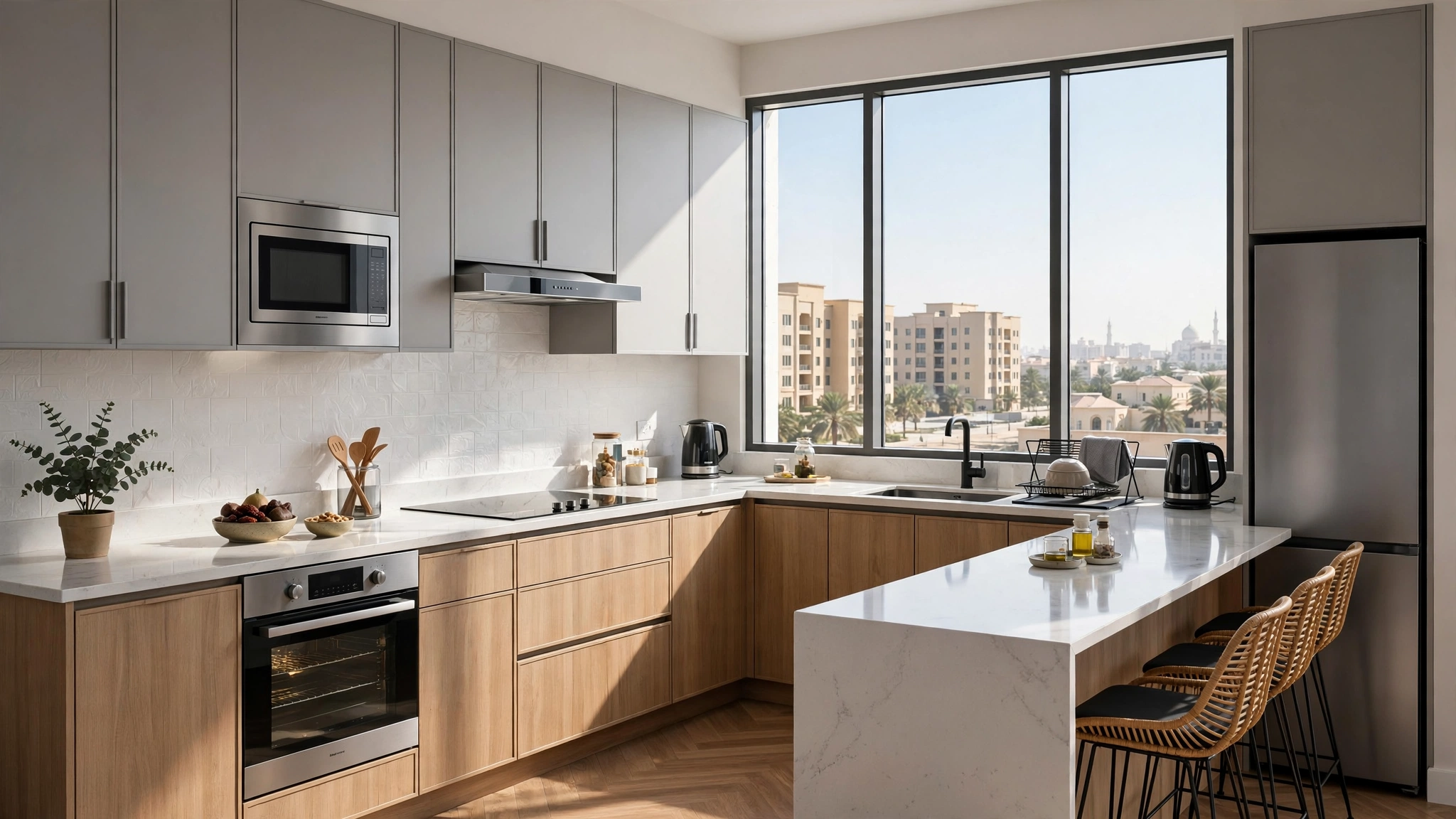 Fully equipped apartment kitchen in Sharjah for monthly stays