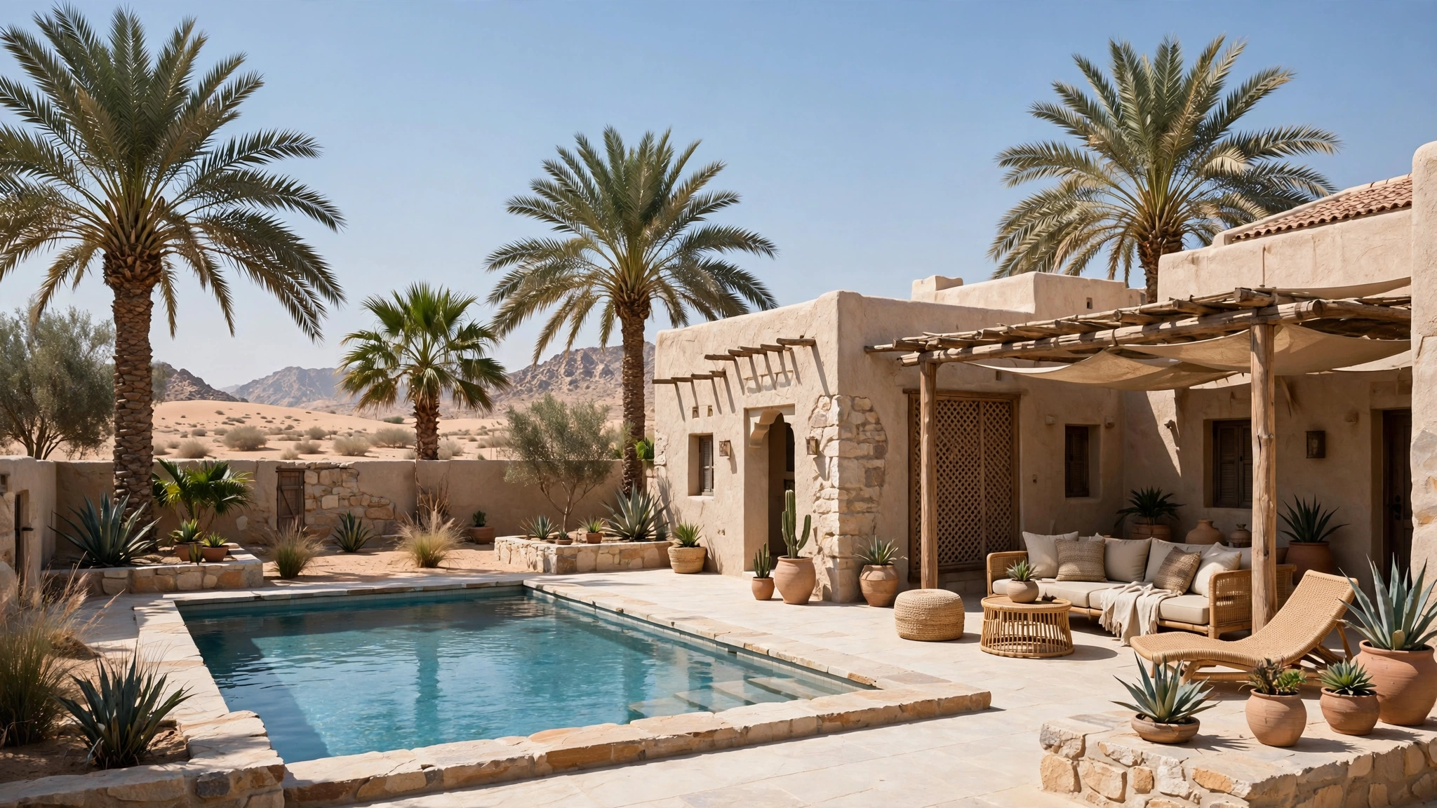 Desert farmhouse courtyard with swimming pool near Dubai