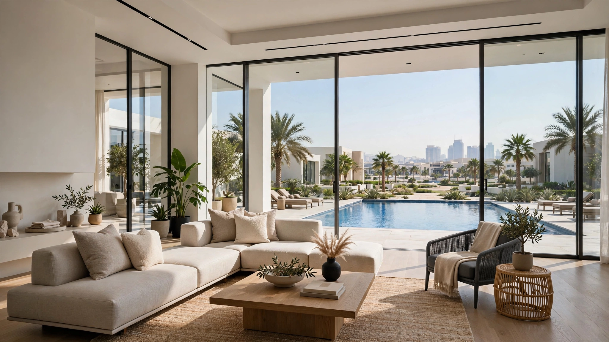 Bright villa living room with pool view in Dubai