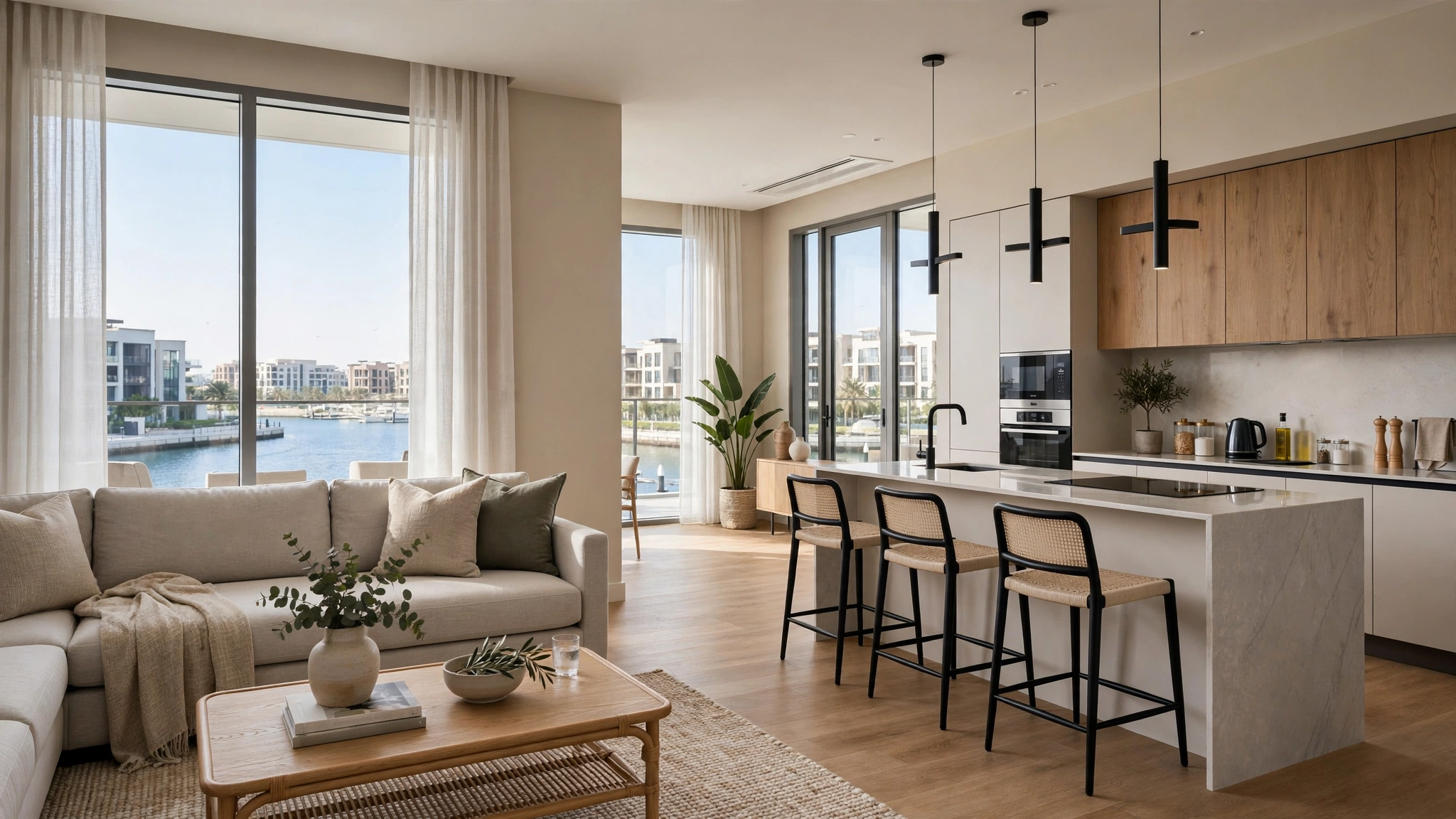 Modern holiday apartment living area on Yas Island Abu Dhabi